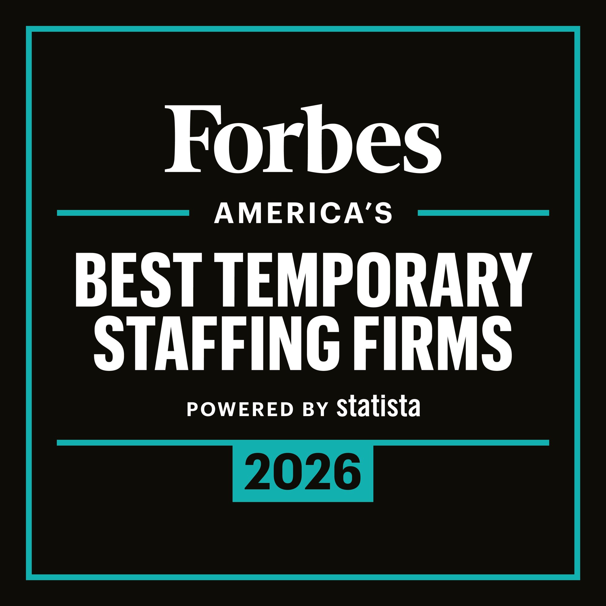 Forbes 2026 Best Temp Staffing Firm Square Dark Badge